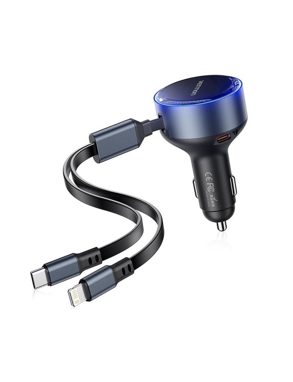 Cargador de Coche Vention FFOB0/ 1xUSB Tipo-C Macho/ 1xUSB Tipo-C hembra/ 1xLightning Macho/ 30W