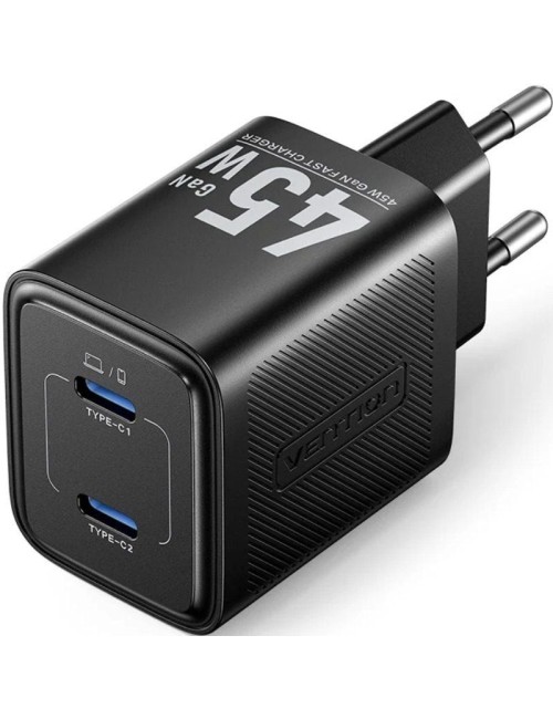 Cargador de Pared GaN Vention FEFB0-EU/ 2xUSB Tipo-C/ 45W