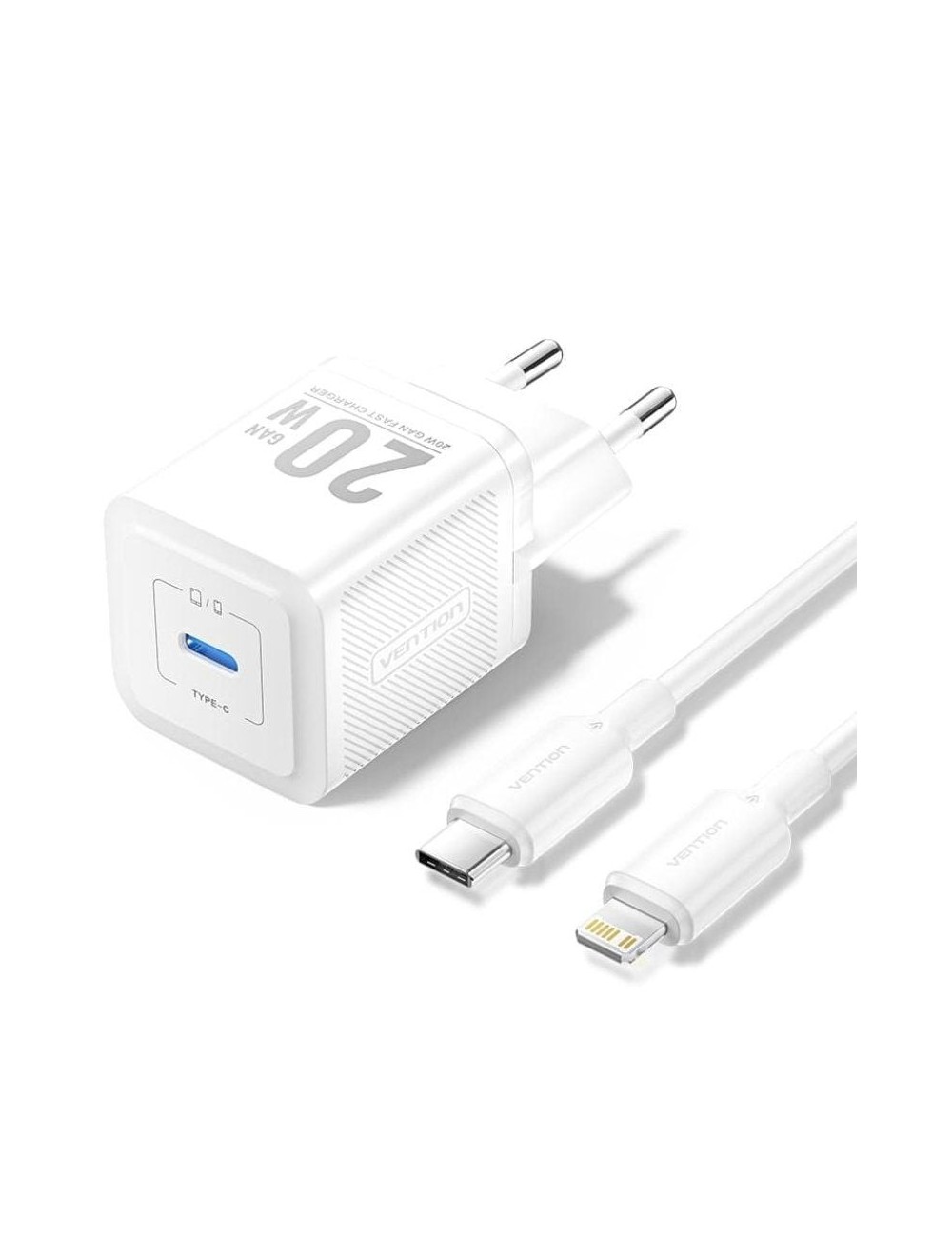 Cargador de Pared GaN Vention TZ-FEPW0-EU-02/ 1xUSB Tipo-C + Cable Lightning/ 20W