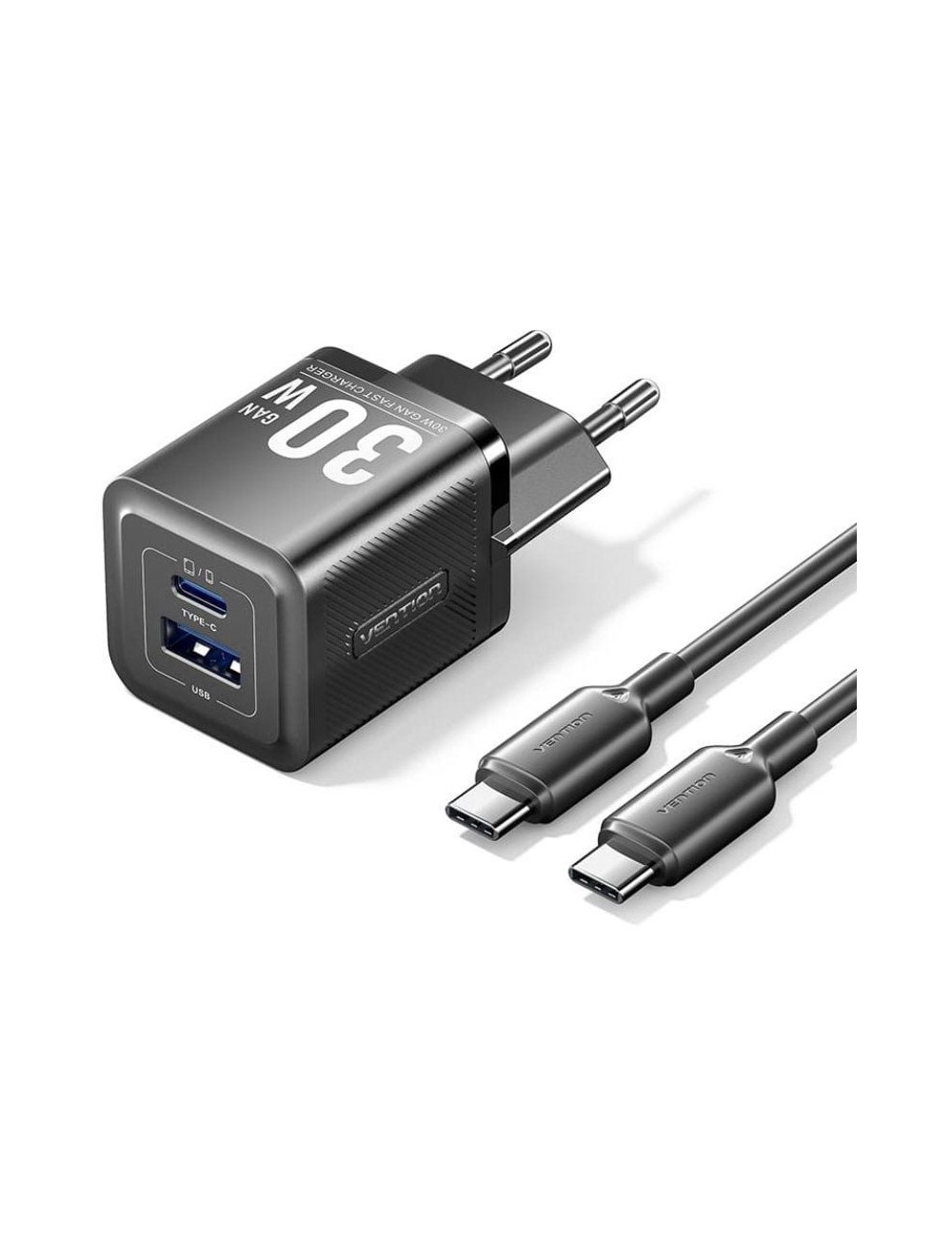 Cargador de Pared GaN Vention TZ-FEQB0-EU-01/ 1xUSB Tipo-C/ 1xUSB + Cable USB Tipo-C/ 30W