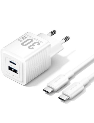 Cargador de Pared GaN Vention TZ-FEQW0-EU-01/ 1xUSB Tipo-C/ 1xUSB + Cable USB Tipo-C/ 30W