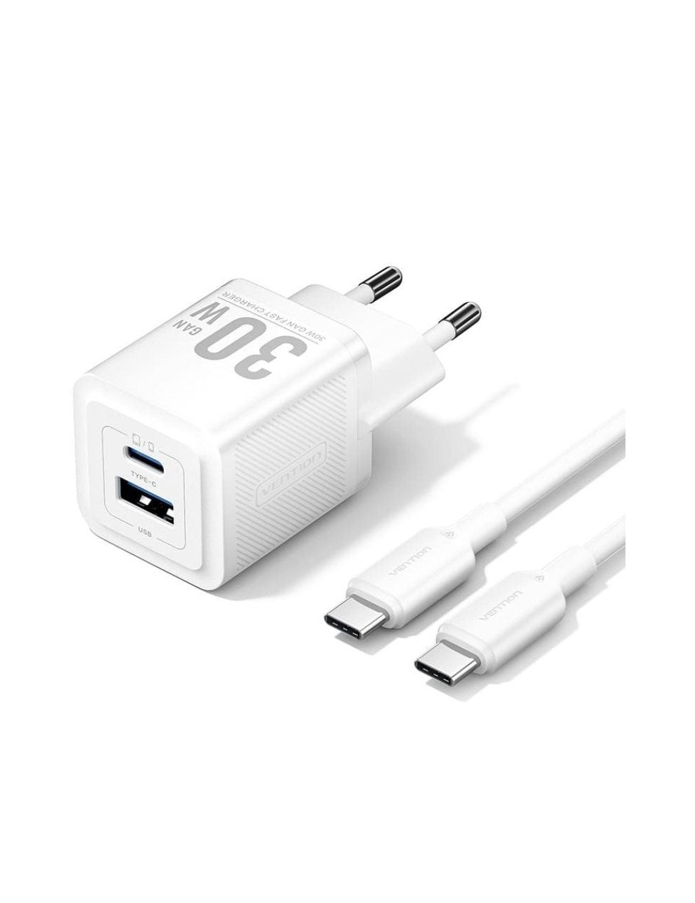 Cargador de Pared GaN Vention TZ-FEQW0-EU-01/ 1xUSB Tipo-C/ 1xUSB + Cable USB Tipo-C/ 30W