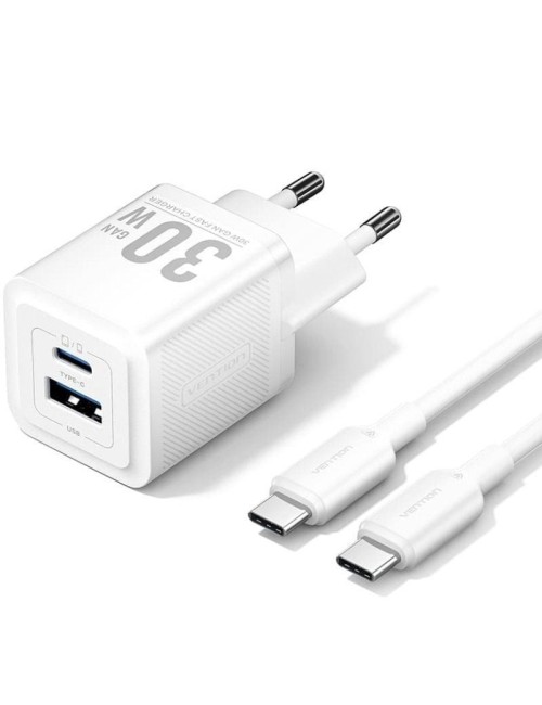 Cargador de Pared GaN Vention TZ-FEQW0-EU-01/ 1xUSB Tipo-C/ 1xUSB + Cable USB Tipo-C/ 30W