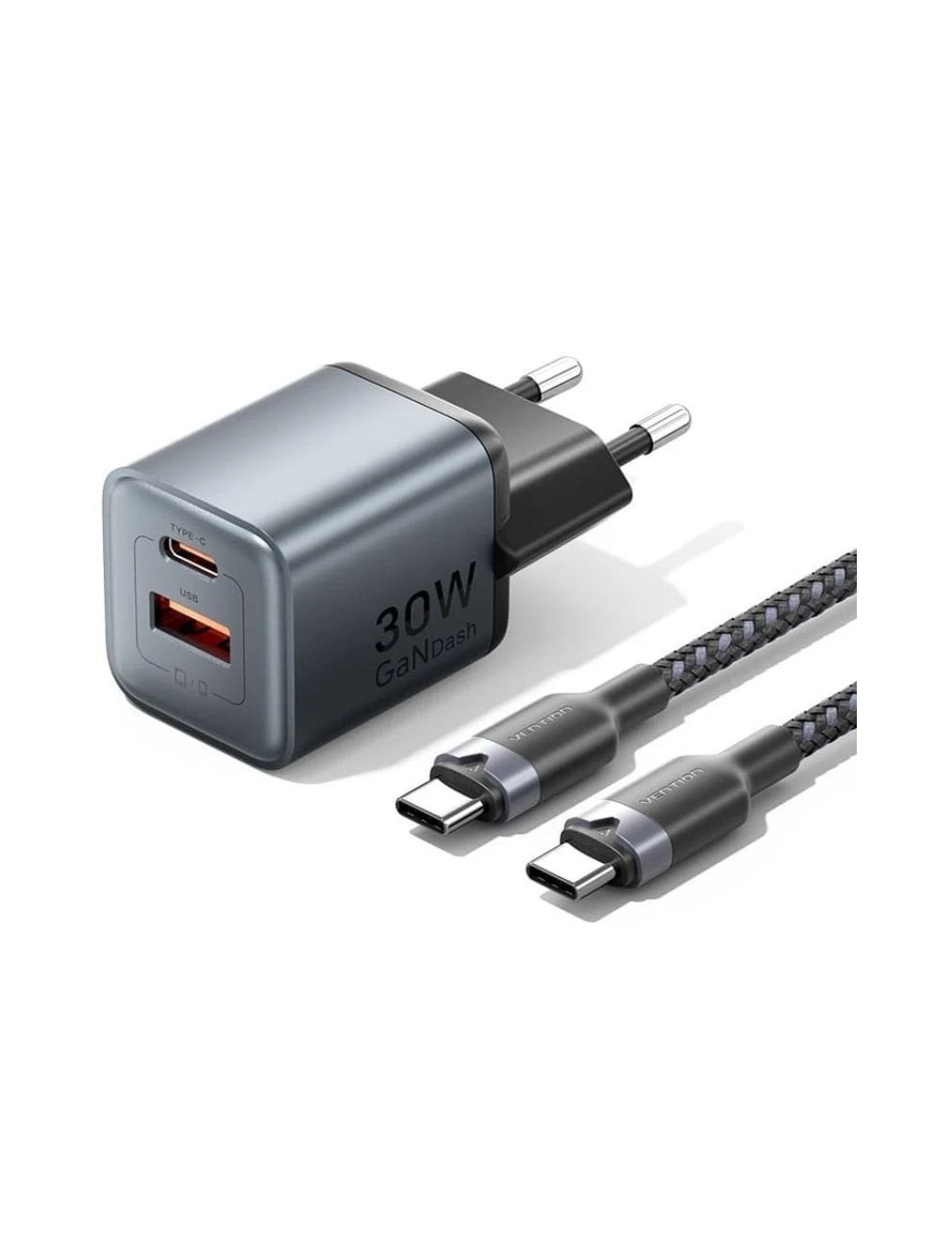 Cargador de Pared GaN Vention TZ-FEWH0-EU/ 1xUSB Tipo-C/ 1xUSB/ 30W