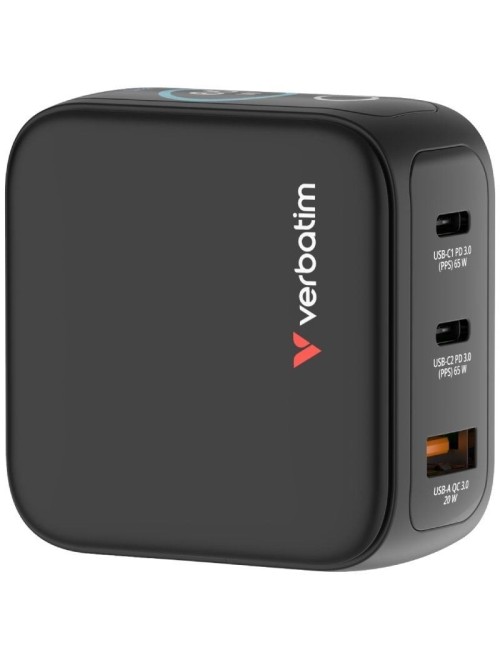 Cargador de Pared Universal GaN para Viaje Verbatim Mini GaN Charger Con Pantalla/ 2xUSB Tipo-C/ 1xUSB/ 65W