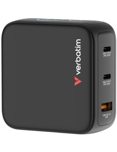 Cargador de Pared Universal GaN para Viaje Verbatim Mini GaN Charger Con Pantalla/ 2xUSB Tipo-C/ 1xUSB/ 100W