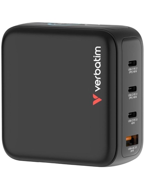 Cargador de Pared Universal GaN para Viaje Verbatim Mini GaN Charger Con Pantalla/ 3xUSB Tipo-C/ 1xUSB/ 140W