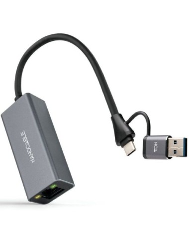 Adaptador USB Macho + USB Tipo-C Macho - RJ45 Nanocable 10.03.0411/ 1000Mbps