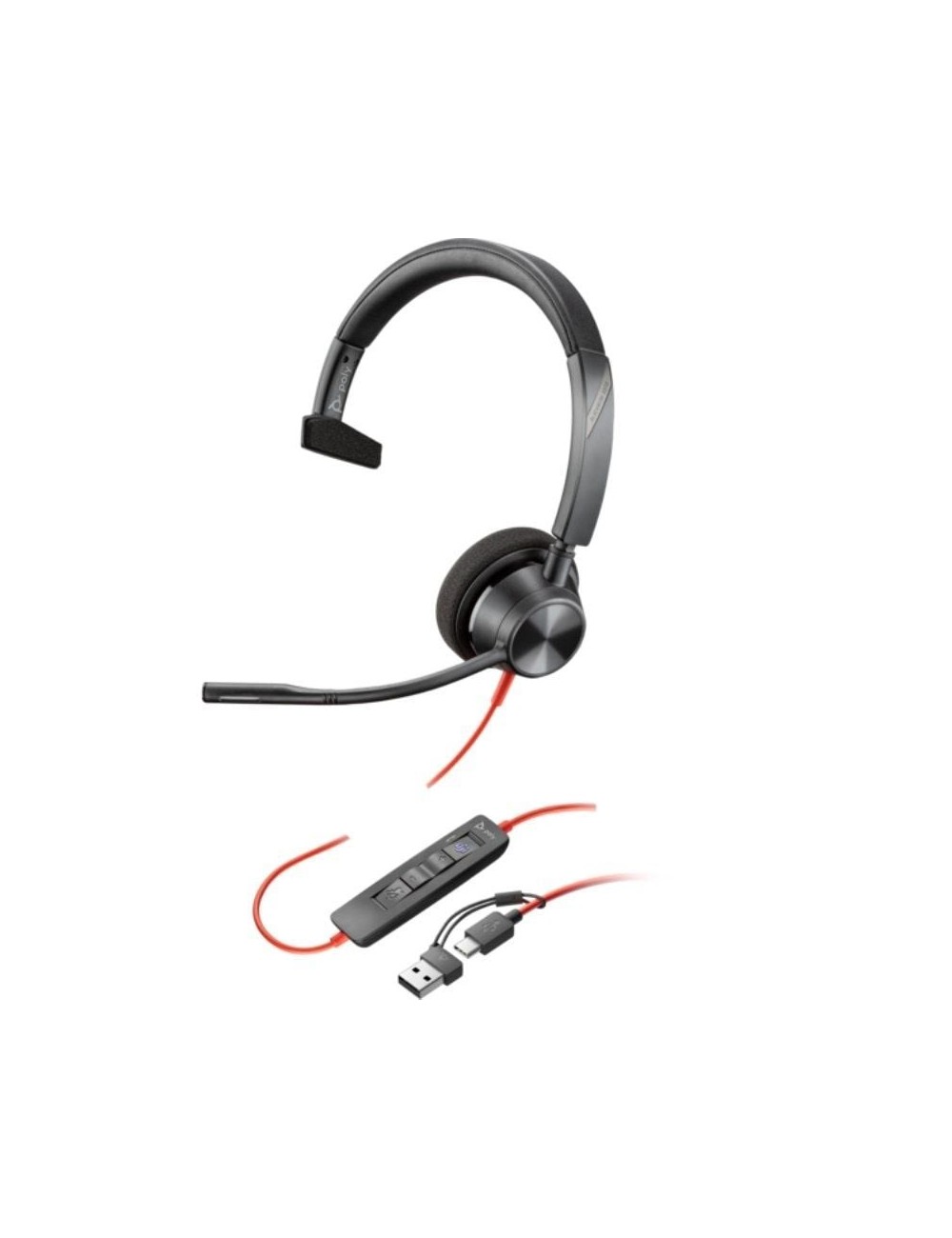 Auricular Poly Blackwire 3310 para Microsoft Teams + Adaptador USB-C/A/ con Micrófono/ USB Tipo-C/ Negro