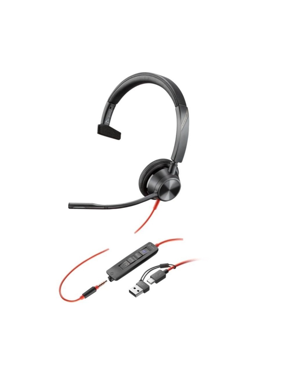 Auricular Poly Blackwire 3315 para Microsoft Teams + Adaptador USB-C/A/ con Micrófono/ Jack 3.5/ Negro