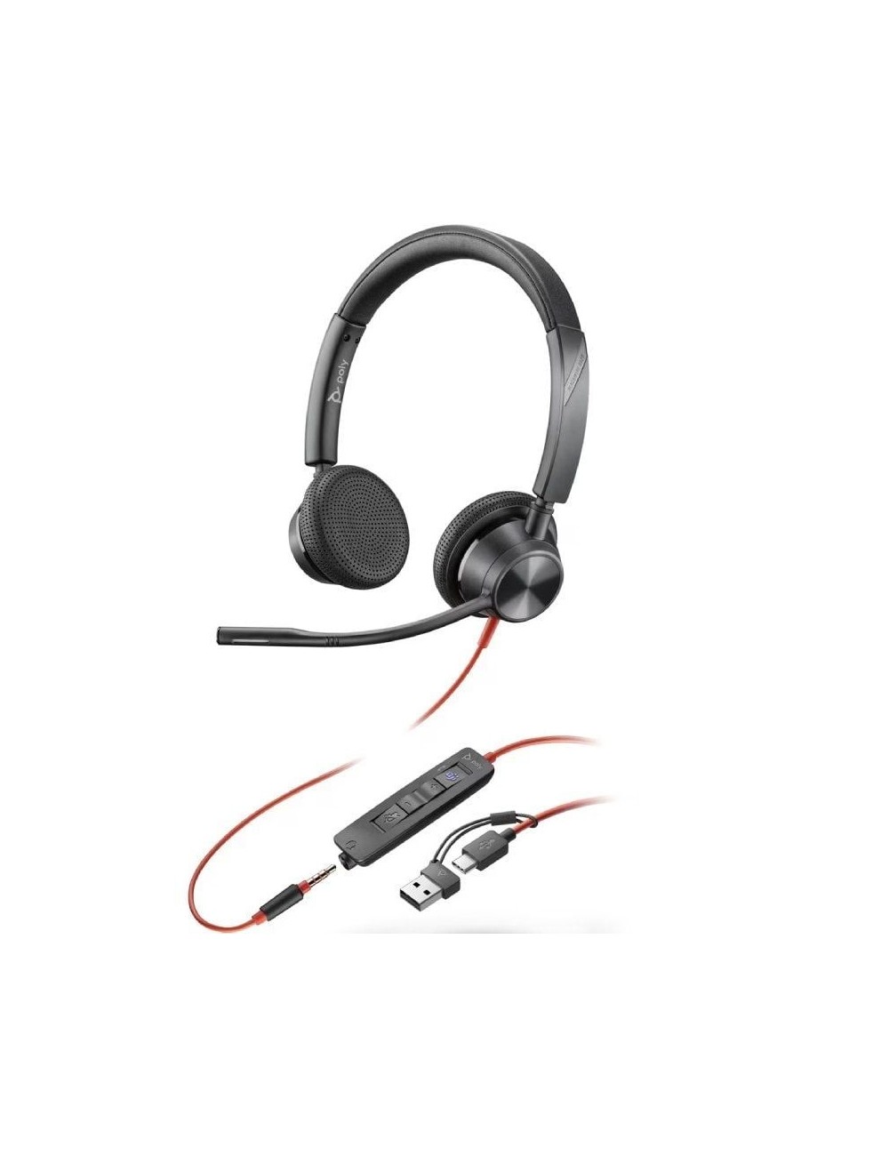 Auriculares Poly Blackwire 3225 para Microsoft Teams + 3.5 mm + Adaptador USB-C/A/ con Micrófono/ Jack 3.5 - USB Tipo-C/ Negros