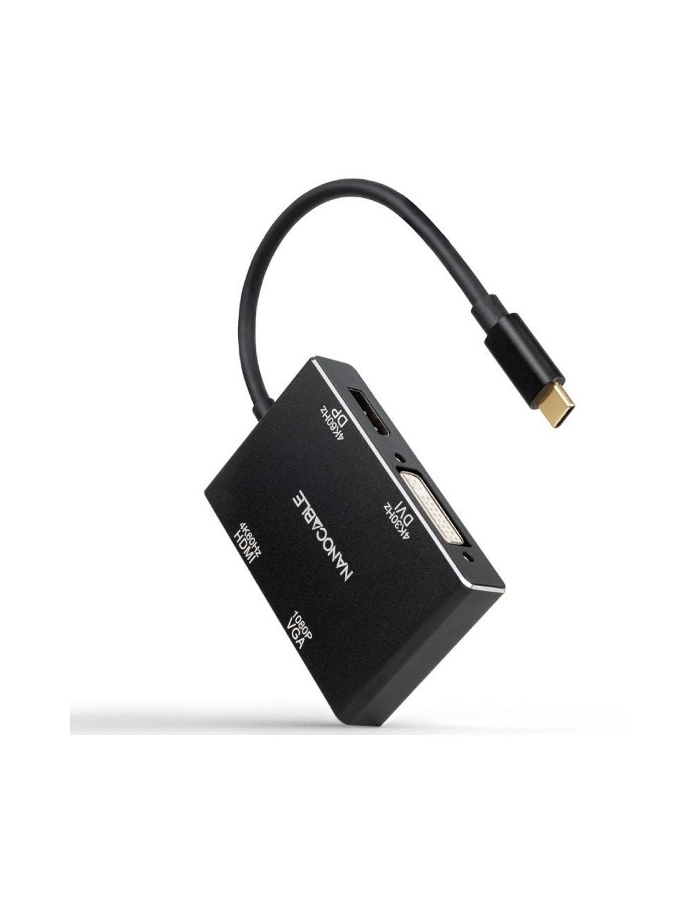 Conversor Nanocable 10.16.4307/ USB Tipo-C Macho - VGA Hembra/ DVI Hembra/ HDMI Hembra/ DisplayPort Hembra/ 10cm/ Negro