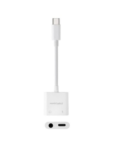 Adaptador Audio Nanocable 10.24.1206/ USB Tipo-C Macho - Jack 3.5 Hembra/ USB Tipo-C Hembra/ Blanco