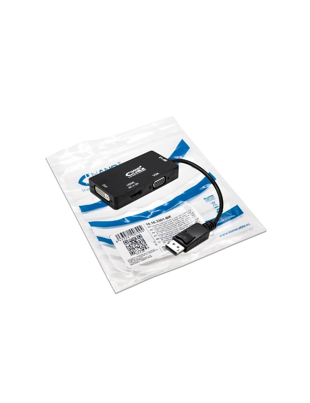 Cable Conversor Nanocable 10.16.3301-BK/ Displayport Macho - VGA Hembra/ DVI Hembra/ HDMI Hembra/ 15cm/ Negro
