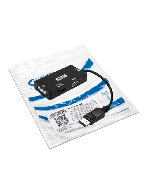 Cable Conversor Nanocable 10.16.3301-BK/ Displayport Macho - VGA Hembra/ DVI Hembra/ HDMI Hembra/ 15cm/ Negro