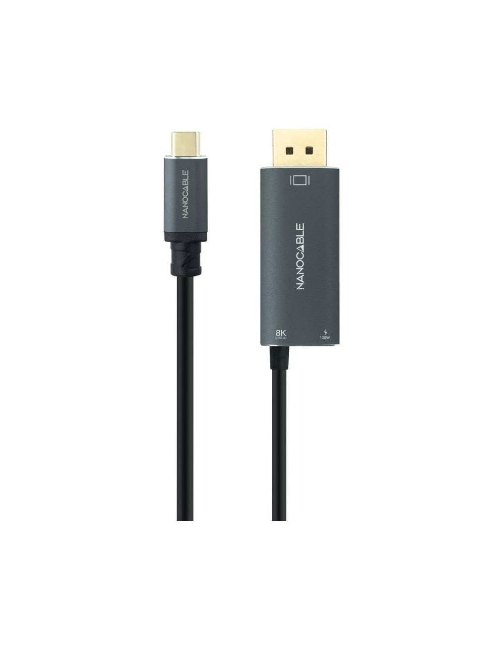 Cable Conversor Nanocable 10.15.5012/ USB Tipo-C Macho - DisplayPort 8K Macho/ USB Tipo-C Hembra/ Hasta 100W/ 1.8m/ Gris