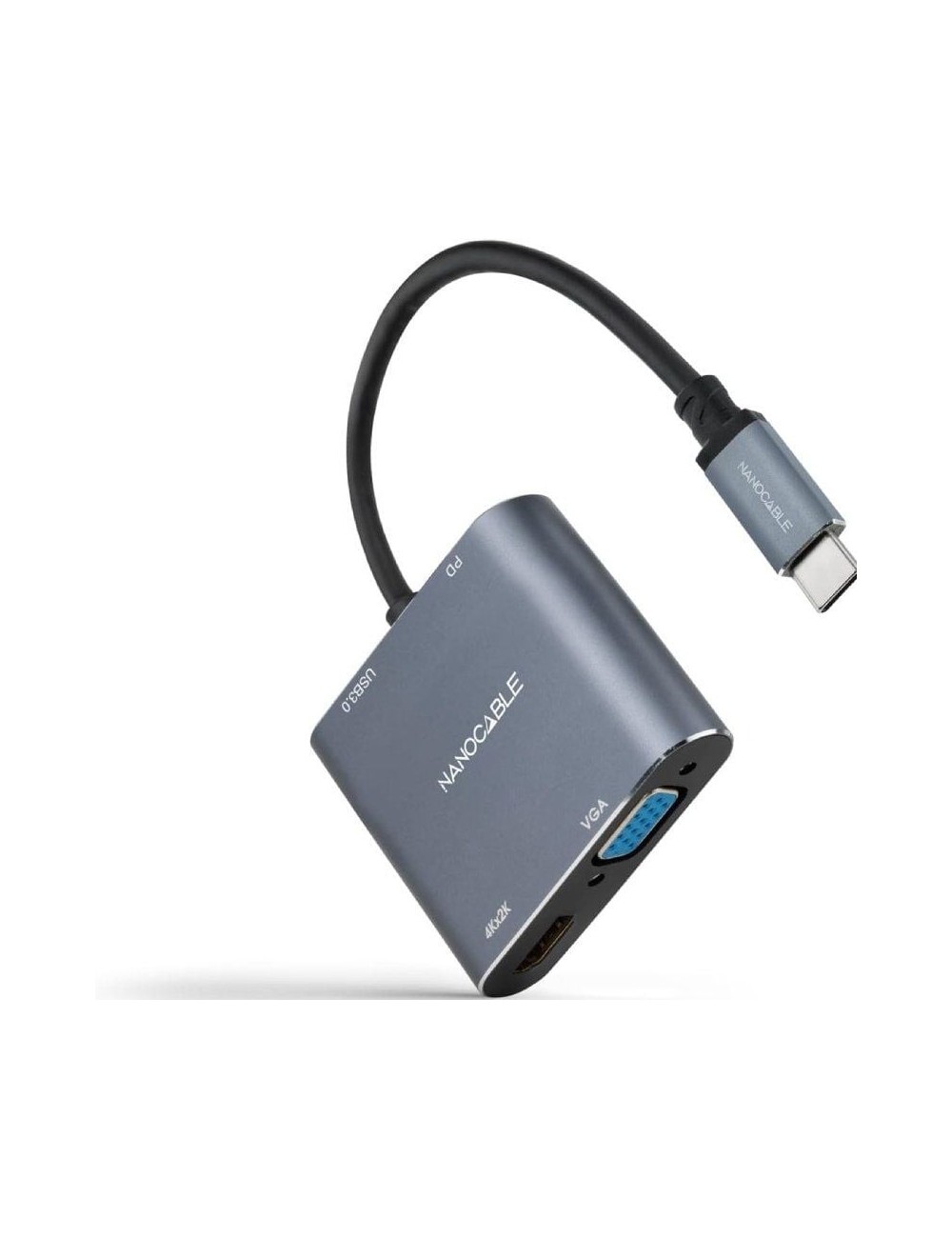 Conversor Nanocable 10.16.4304/ USB Tipo-C Macho/ HDMI 4K Hembra - VGA Hembra - USB Tipo-C PD Hembra - USB Hembra/ 15cm/ Gris