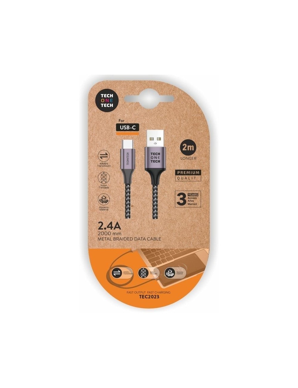 Cable USB 2.0 Tipo-C Tech One Tech TEC2023/ USB Tipo-C Macho - USB Macho/ 2m/ Gris