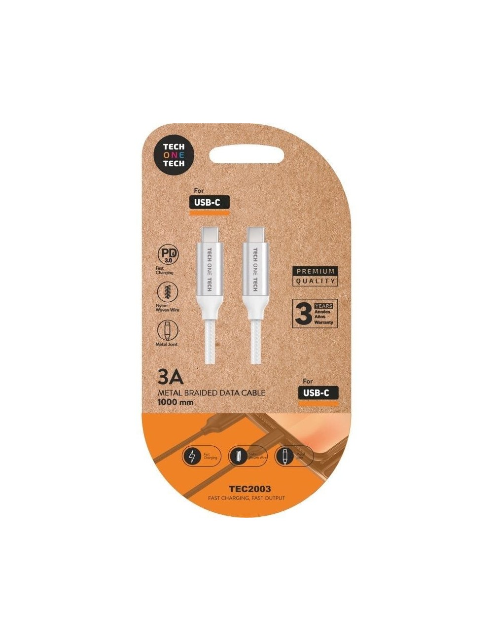 Cable USB 2.0 Tipo-C Tech One Tech TEC2204/ USB Tipo-C Macho - USB Tipo-C Macho/ Hasta 20W/ 480Mbps/ 1m/ Blanco