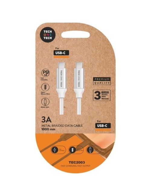 Cable USB 2.0 Tipo-C Tech One Tech TEC2204/ USB Tipo-C Macho - USB Tipo-C Macho/ Hasta 20W/ 480Mbps/ 1m/ Blanco