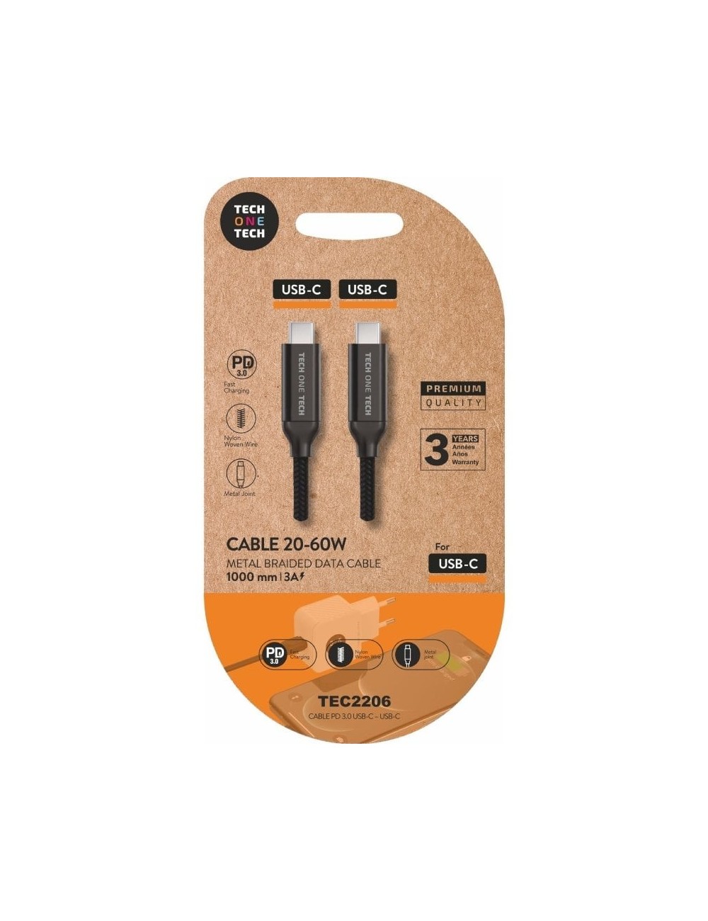 Cable USB 2.0 Tipo-C Tech One Tech TEC2206/ USB Tipo-C Macho - USB Tipo-C Macho/ Hasta 60W/ 480Mbps/ 1m/ Negro