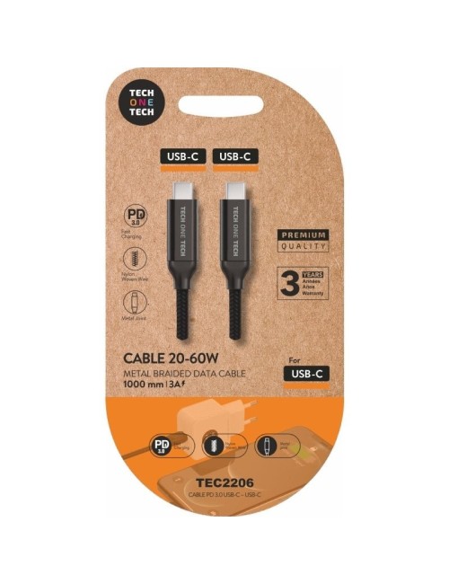 Cable USB 2.0 Tipo-C Tech One Tech TEC2206/ USB Tipo-C Macho - USB Tipo-C Macho/ Hasta 60W/ 480Mbps/ 1m/ Negro