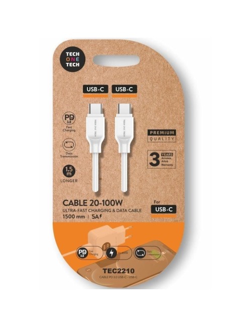 Cable USB 2.0 Tipo-C Tech One Tech TEC2210/ USB Tipo-C Macho - USB Tipo-C Macho/ Hasta 100W/ 480Mbps/ 1.5m/ Blanco