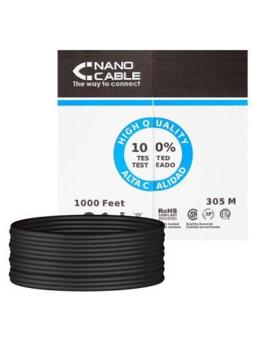Bobina de Cable RJ45 para Exteriores UTP Nanocable 10.20.0304-EXT-BK Cat.5e/ 305m/ Impermeable/ Negro