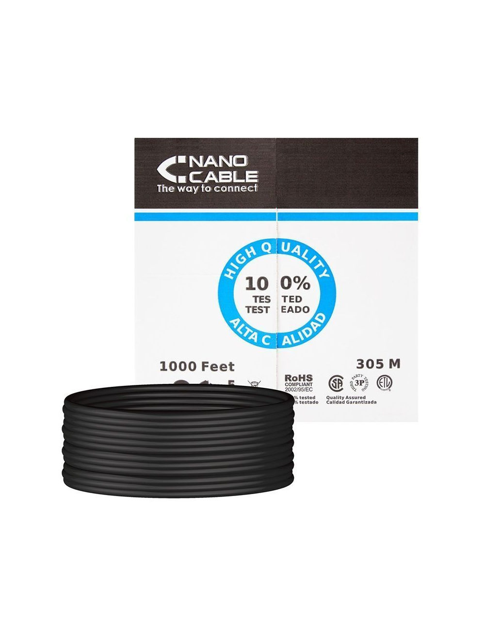 Bobina de Cable RJ45 para Exteriores UTP Nanocable 10.20.0304-EXT-BK Cat.5e/ 305m/ Impermeable/ Negro