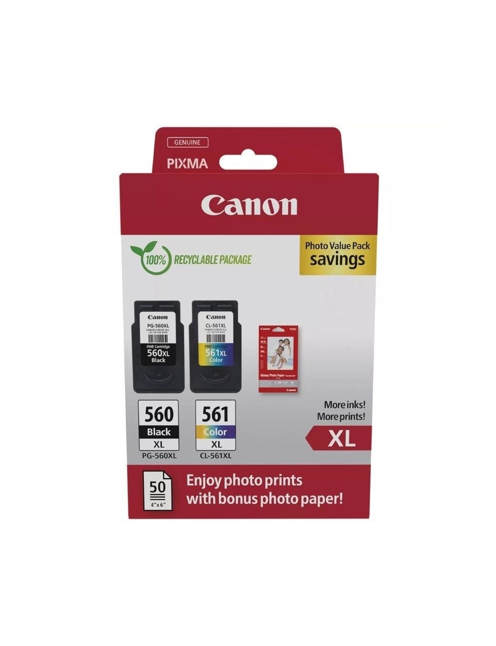 Cartucho de Tinta Original Canon PG-560XL + CL-561XL Multipack Alta Capacidad/ Negro/ Tricolor + Papel Fotográfico