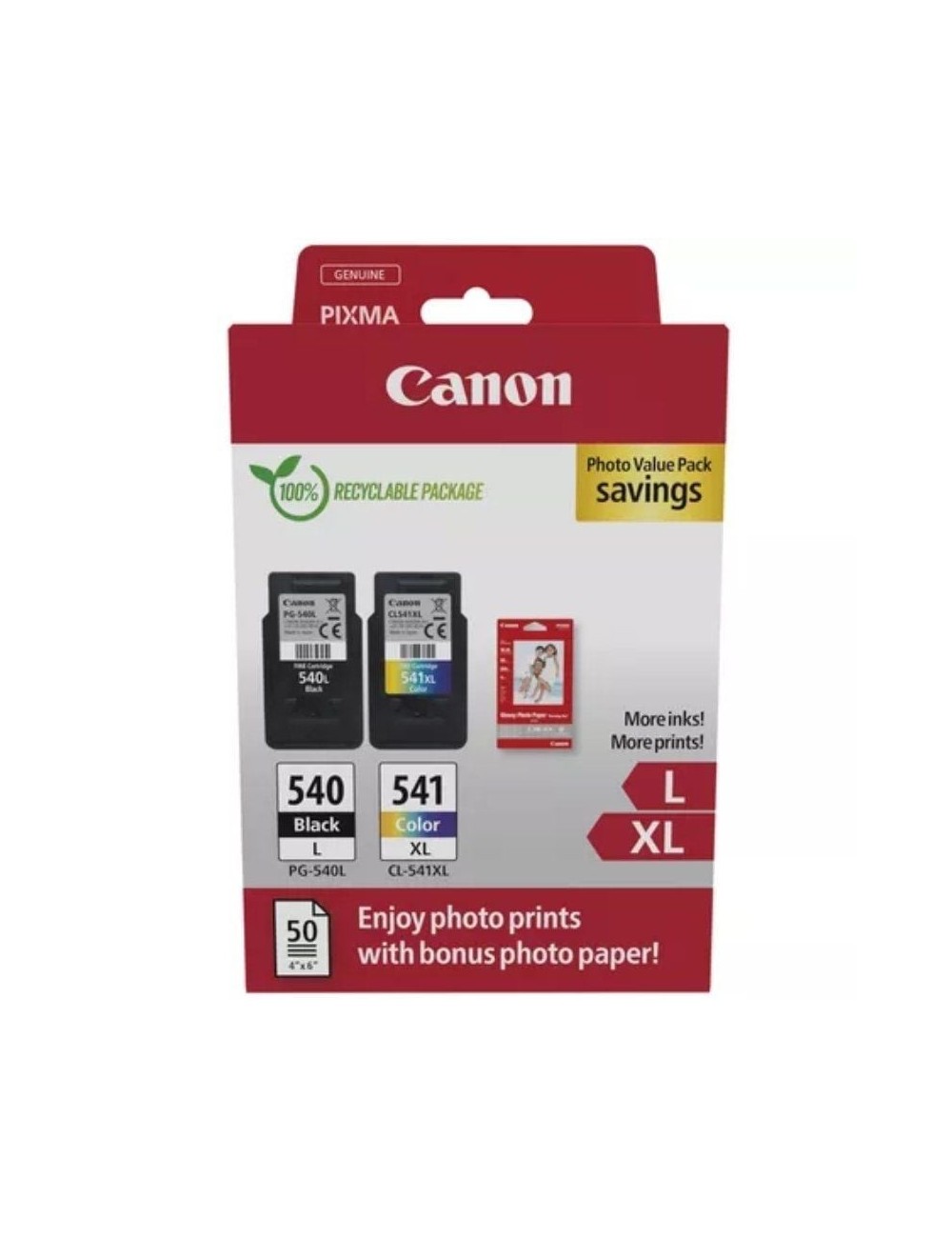 Cartucho de Tinta Original Canon PG-540L + CL-541 XL Multipack Alta Capacidad/ Negro/ Tricolor + Papel Fotográfico