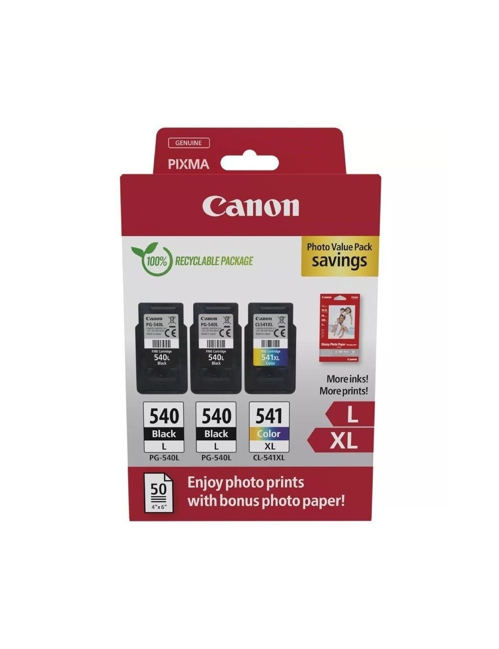 Cartucho de Tinta Original Canon PG-540L + CL-541 XL Multipack Alta Capacidad/ 2x Negro/ Tricolor + Papel Fotográfico