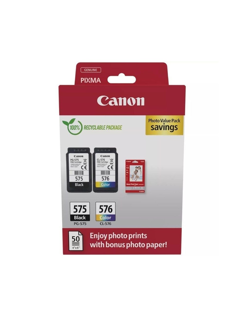 Cartucho de Tinta Original Canon PG-575 + CL-576 Multipack/ Negro/ Tricolor + Papel Fotográfico