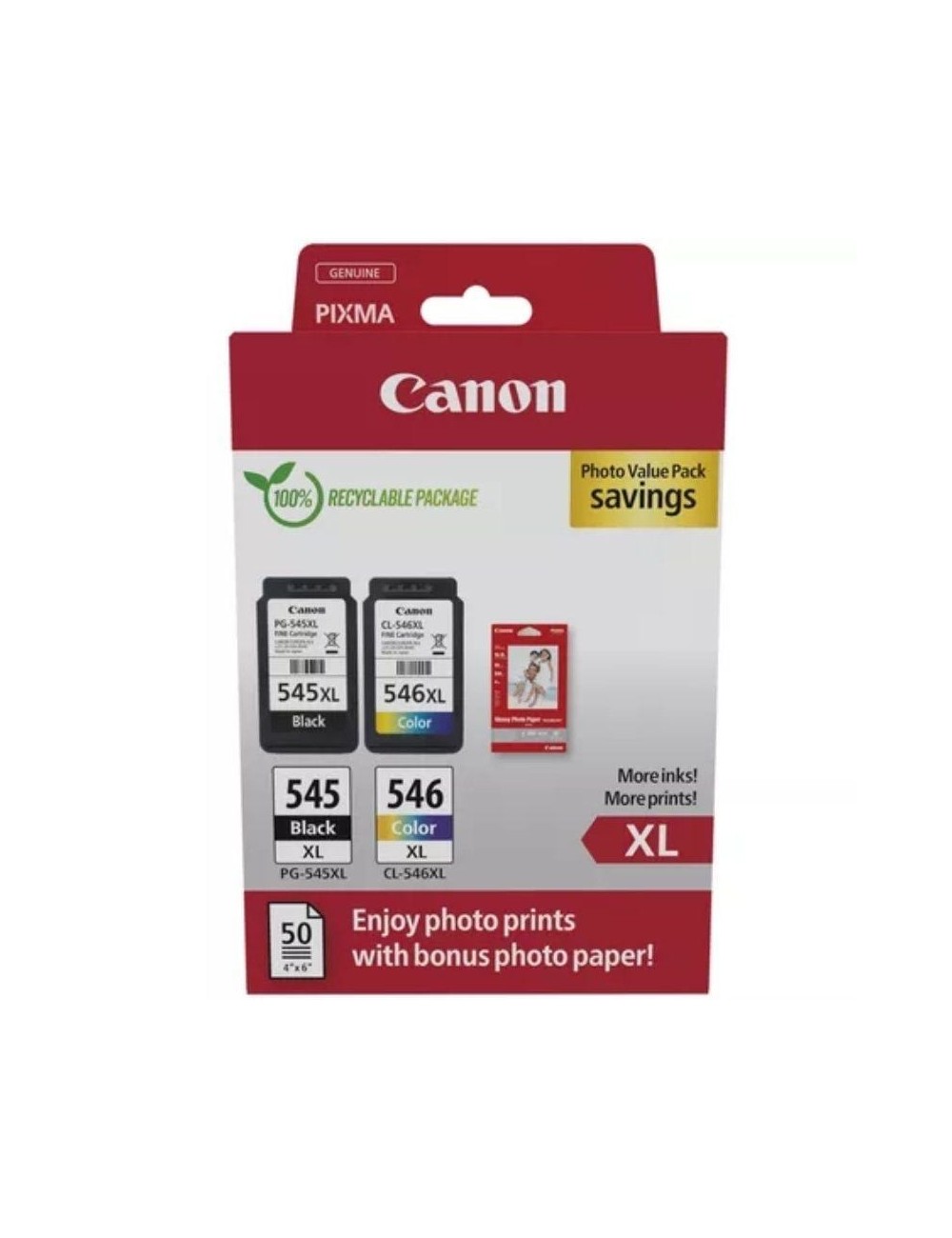 Cartucho de Tinta Original Canon PG-545XL + CL546XL Multipack Alta Capacidad/ Negro/ Tricolor + Papel Fotográfico