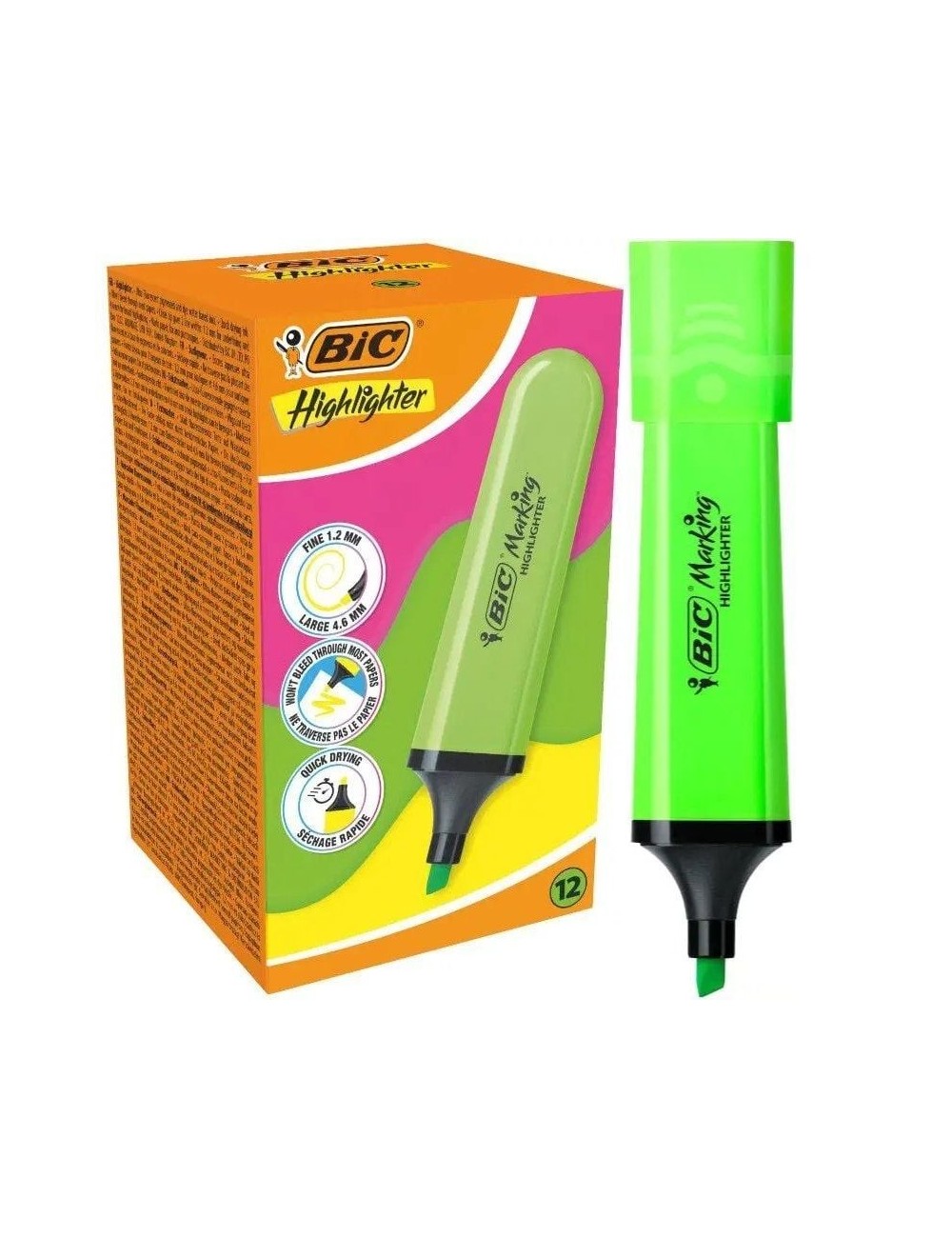 Caja de Marcadores Fluorescentes Bic Highlighter Flat Neón/ 12 unidades/ Verdes
