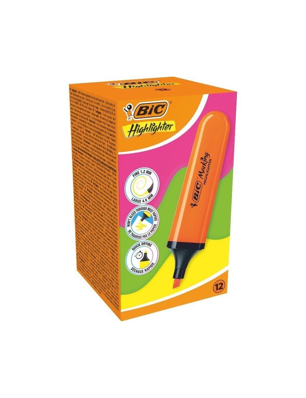 Caja de Marcadores Fluorescentes Bic Highlighter Flat Neón/ 12 unidades/ Naranjas