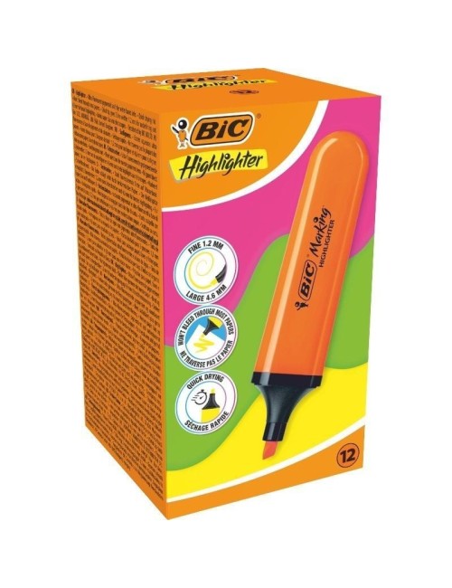 Caja de Marcadores Fluorescentes Bic Highlighter Flat Neón/ 12 unidades/ Naranjas