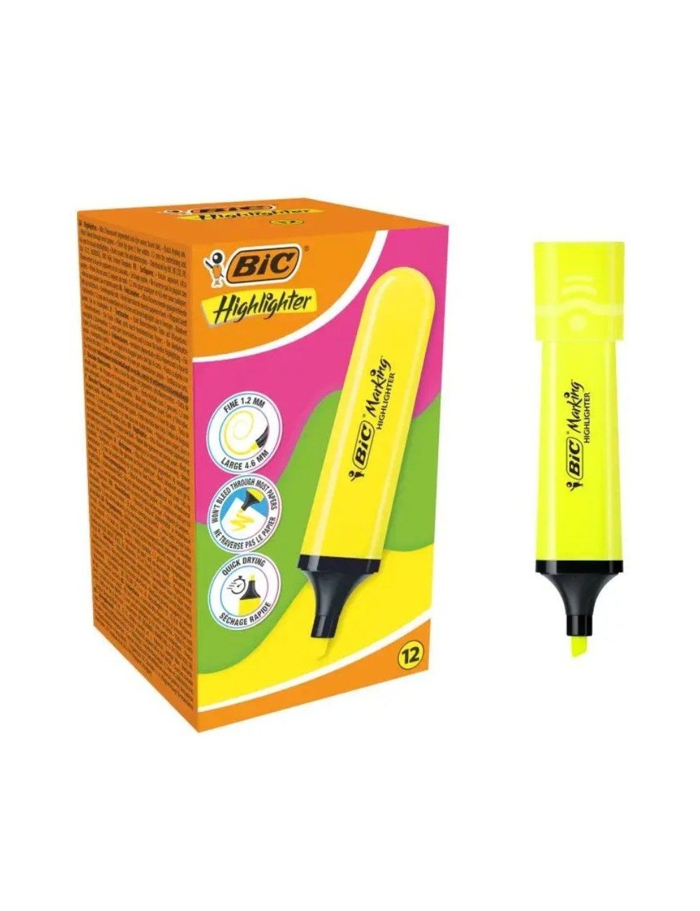 Caja de Marcadores Fluorescentes Bic Highlighter Flat Neón/ 12 unidades/ Amarillos