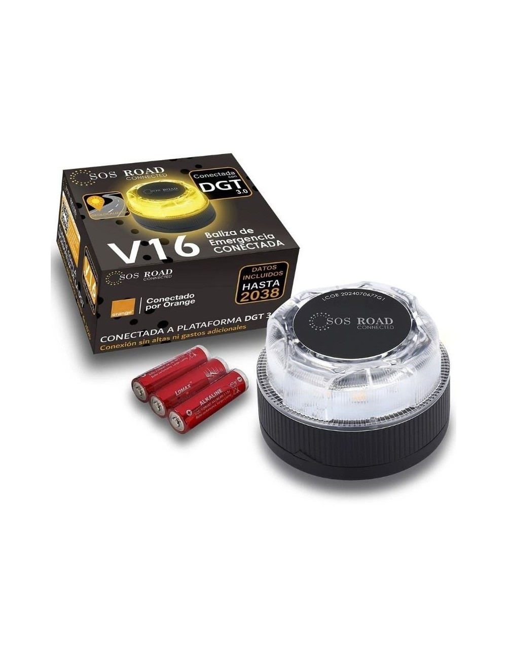 Luz baliza de emergencia para coche SOS Road Connected EL2024 V16/ Homologada/ Base Imantada/ Geolocalizable/ Funciona a Pilas