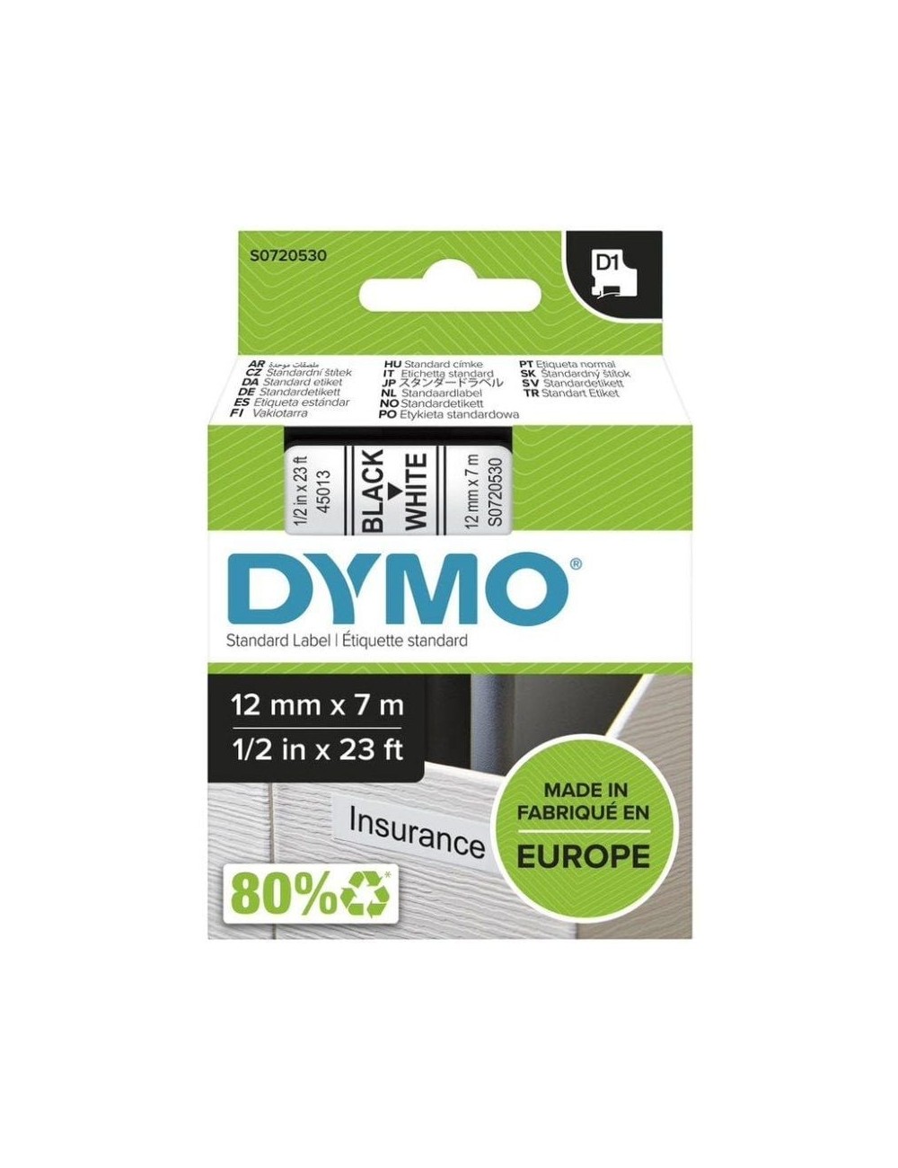 Cinta Rotuladora Adhesiva de Plástico Dymo D1 45013/ para Label Manager/ 12mm x 7m/ Negra-Blanca