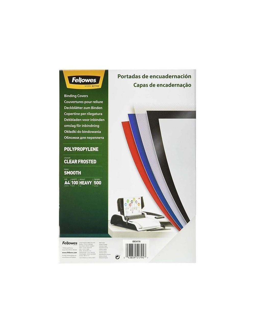 Portadas de Polipropileno Fellowes 54770/ A4/ 500 Micras/ 100 unidades/ Helado Claro