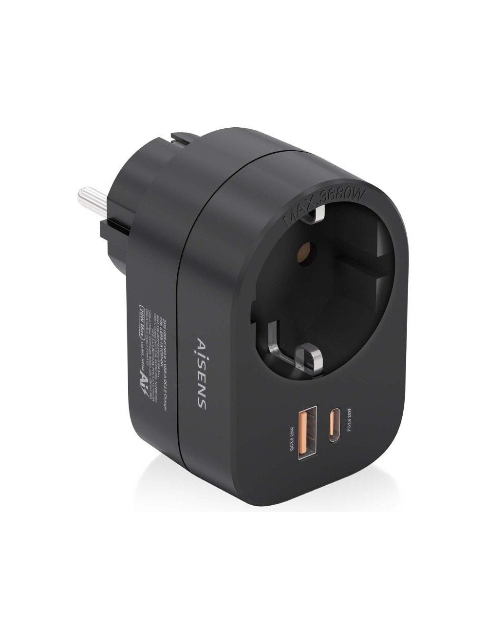 Enchufe Aisens ASPS-1A1C07-BK/ 1 Toma de Corriente/ 1 USB Tipo-C PD/ 1 USB/ Negro
