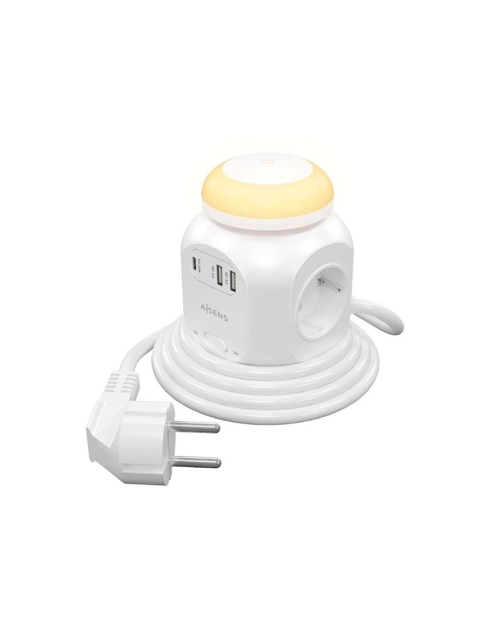 Regleta con Interruptor y Luz Nocturna Aisens ASPS-2A1CLPQ02-W/ 4 Tomas de Corriente/ 1 USB Tipo-C PD/ 2 USB/ Cable 1.8m/ Blanco