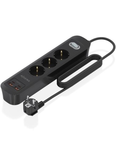 Regleta con Interruptor Aisens ASPS-2A2C11-BK/ 3 Tomas de Corriente/ 2 USB - 2 USB Tipo-C/ Cable 1.4m/ Negro