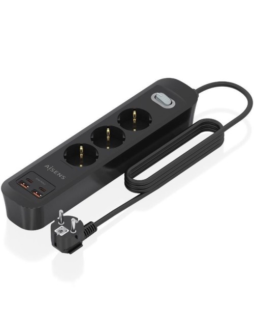 Regleta con Interruptor Aisens ASPS-2A2C11-BK/ 3 Tomas de Corriente/ 2 USB - 2 USB Tipo-C/ Cable 1.4m/ Negro