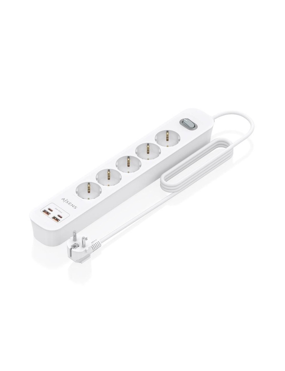 Regleta con Interruptor Aisens ASPS-2A2C14-W/ 5 Tomas de Corriente/ 2 USB - 2 USB Tipo-C/ Cable 1.4m/ Blanco