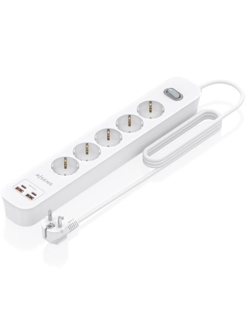 Regleta con Interruptor Aisens ASPS-2A2C14-W/ 5 Tomas de Corriente/ 2 USB - 2 USB Tipo-C/ Cable 1.4m/ Blanco