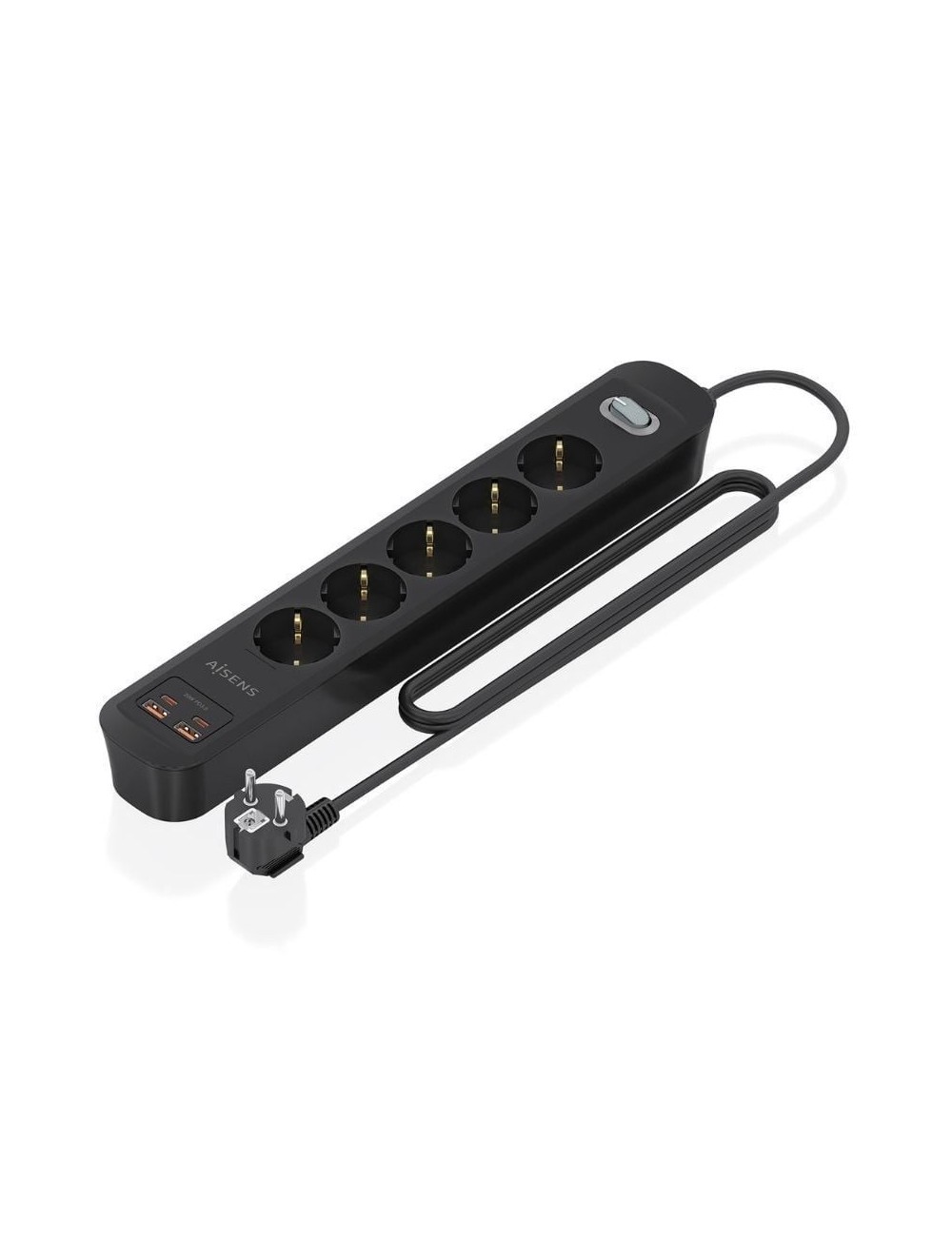 Regleta con Interruptor Aisens ASPS-2A2C15-BK/ 5 Tomas de Corriente/ 2 USB - 2 USB Tipo-C/ Cable 1.4m/ Negro