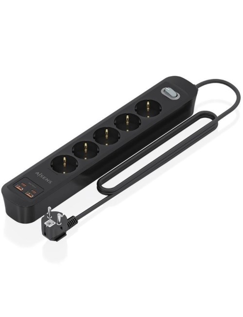 Regleta con Interruptor Aisens ASPS-2A2C15-BK/ 5 Tomas de Corriente/ 2 USB - 2 USB Tipo-C/ Cable 1.4m/ Negro