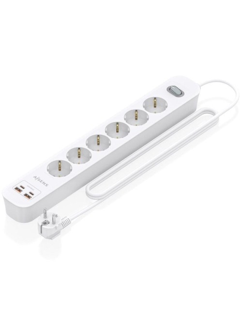 Regleta con Interruptor Aisens ASPS-2A2C16-W/ 6 Tomas de Corriente/ 2 USB - 2 USB Tipo-C/ Cable 1.4m/ Blanco